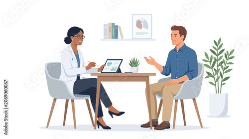 Doctor consulting patient with tablet, mental health concept, flat design