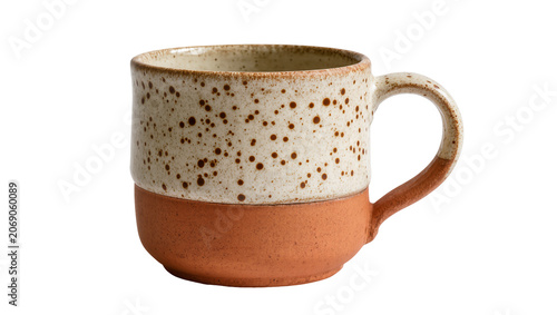 Speckled ceramic mug with terracotta base, isolated on transparent background