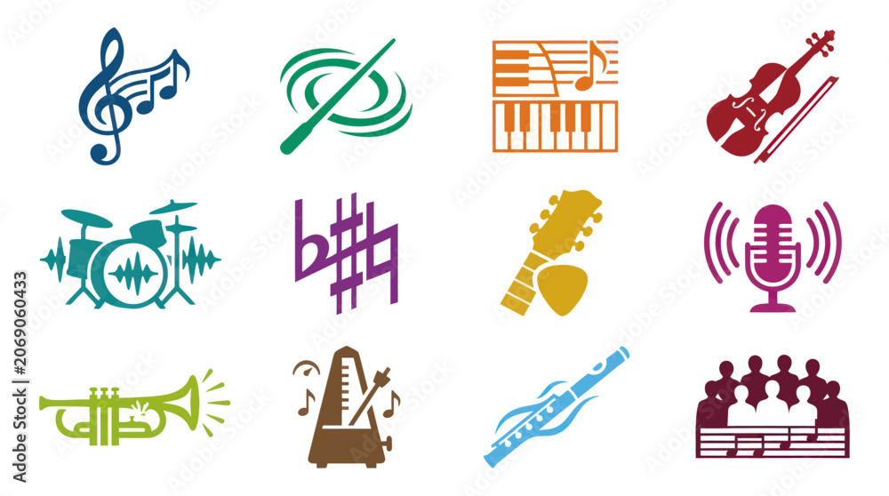Fototapeta premium Music Industry Flat Glyph Icons Set: Musical Instruments, Symbols, Notes, and Performance Elements