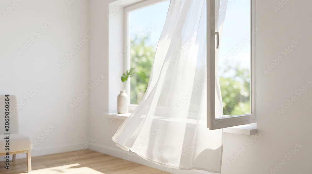 Fototapeta premium Bright minimalist room with open window, sheer white curtains blowing in fresh breeze, overlooking green trees.