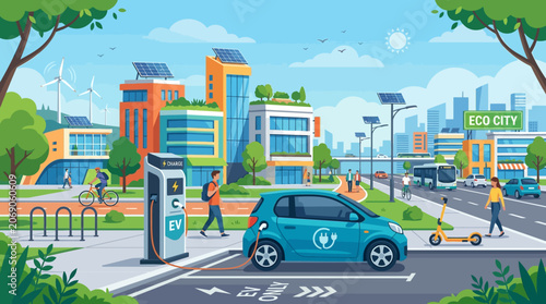 Eco-Friendly City with Electric Car and Renewable Energy