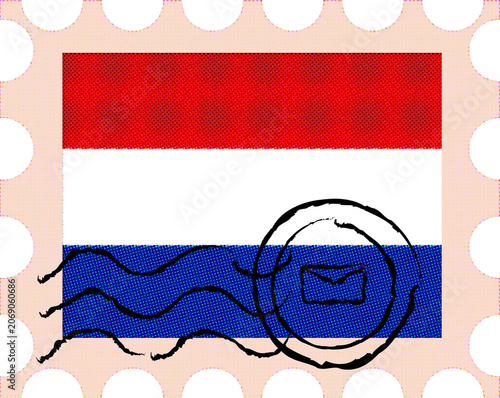Fotografie Netherlands flag postage stamp featuring red, white, and blue stripes with circular mail cancellation