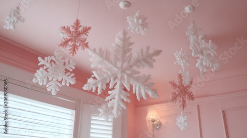 Decorative artificial snowflakes hang suspended from a pale pink ceiling for a winter celebration