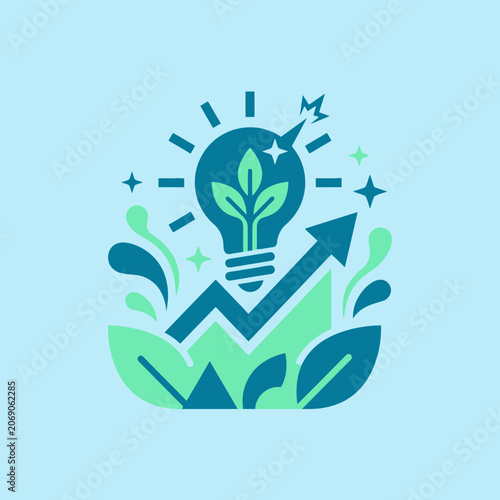 This eco growth concept features a lightbulb, leaves and arrows
