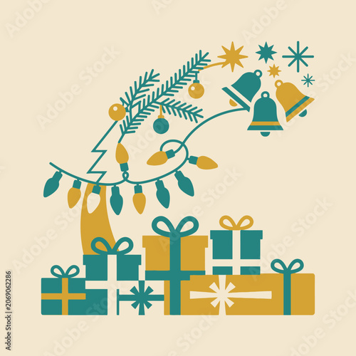Retro Christmas tree with gifts and bells in flat style
