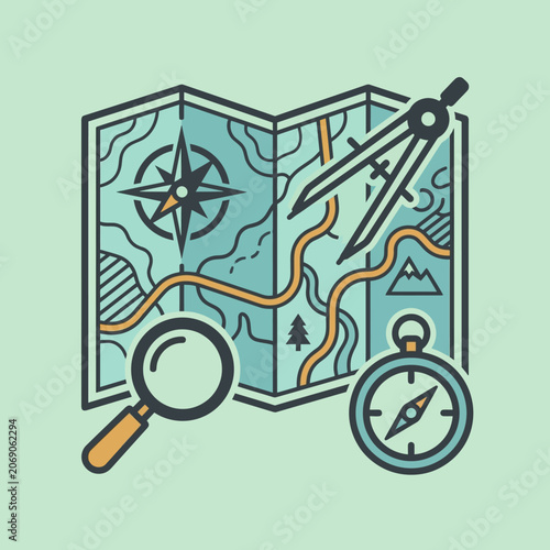 Retro illustration of a map with exploration equipment