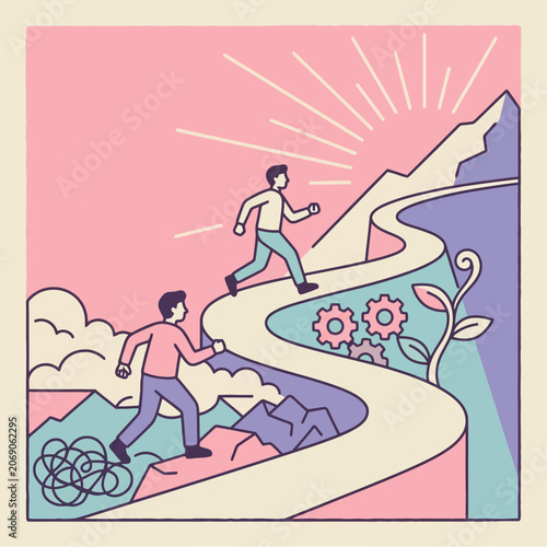 Two men run up a winding path toward a mountain peak