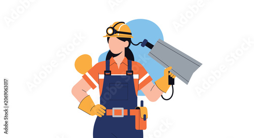 Female mine worker in protective yellow helmet with headlamp holding a heavy drilling machine tool, flat vector.
