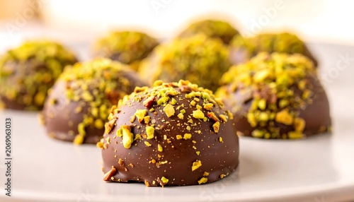 Chocolate Covered Truffles Topped with Crushed Pistachio on White Plate