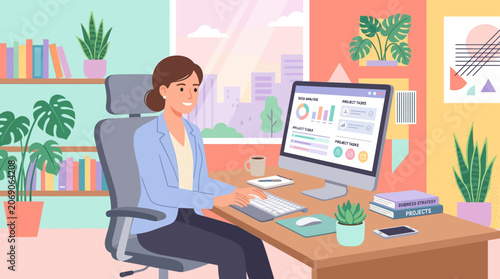 Businesswoman Working at Desk with Computer and Plants in Colorful Office
