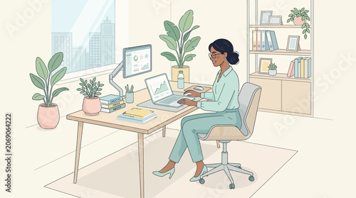 Businesswoman Working at Desk with Computer and Plants, Office Setting