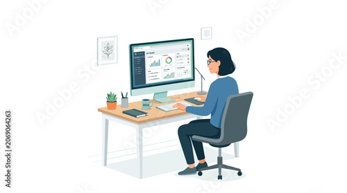 Businesswoman Working at Desk, Analyzing Data on Monitor