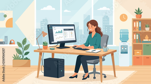 Businesswoman working at office desk with data analysis