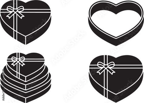 Heart Shaped Gift Box Silhouette Set Isolated on White Background Vector Illustration