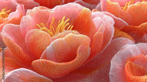 Close up view of interwoven textile fibers forming a dense floral pattern with warm tones