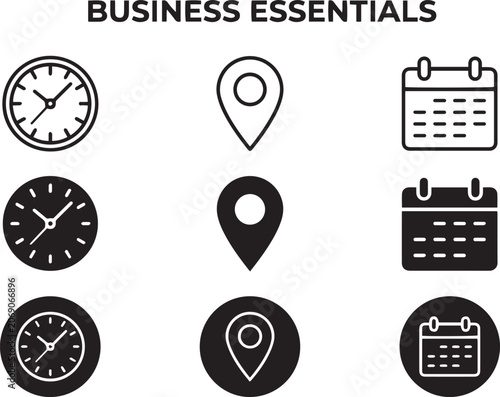 Business Essentials Line and Glyph Icons Set – Clock, Location Pin and Calendar Vector Collection