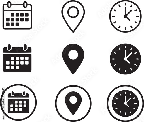 Business Essentials Line and Glyph Icons Set – Clock, Location Pin and Calendar Vector Collection
