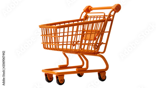 Bright orange metal shopping cart with basket and wheels, isolated on transparent background