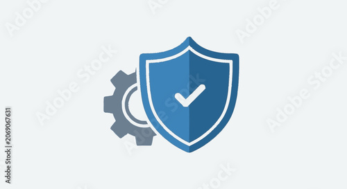 Partial minimalist flat illustration of a blue shield overlapping a gr