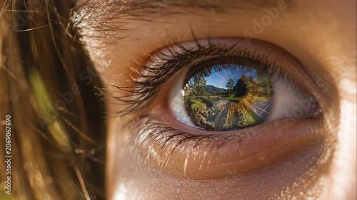 Future generations sustainability vision reflected eye showing green landscape river with solar panel and native tree nature reflection inspiring hope