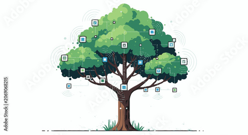 Partial minimalist flat illustration of a stylized tree with interconn