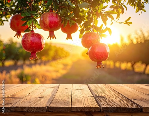 Ripe pomegranates hang from a branch, bathed in warm sunlight over a field