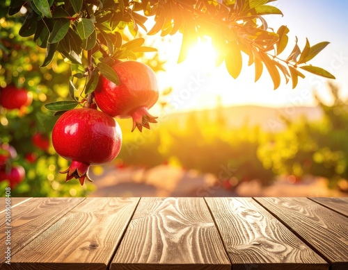 Ripe red pomegranates hang from a tree branch, sunlit orchard