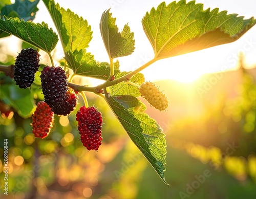 Ripe dark and red berries dangle on green leafy branches, sunset glow