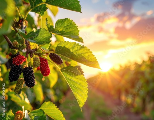 Ripe mulberries on branch against warm sunset glow over vineyard rows