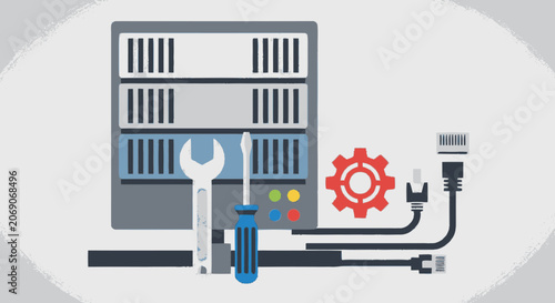 Partial minimalist graphic illustration depicting a grey server rack w