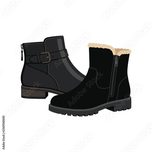 Quadro su tela Two black winter boots with fur lining and buckles