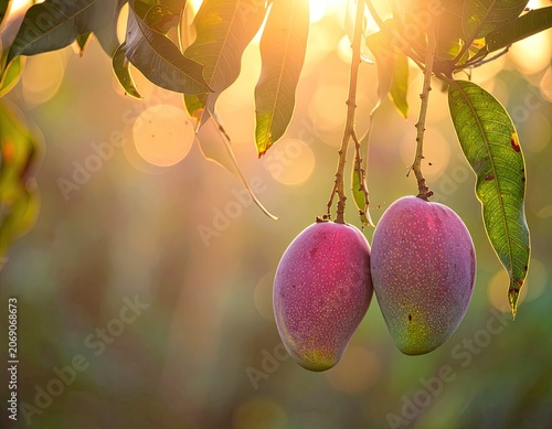 Two ripe mangoes hang from a branch, bathed in golden sunlight