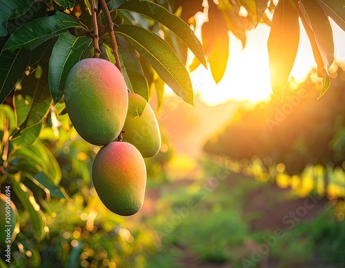 Ripe mangoes on tree branches, bathed in warm, golden sunset light
