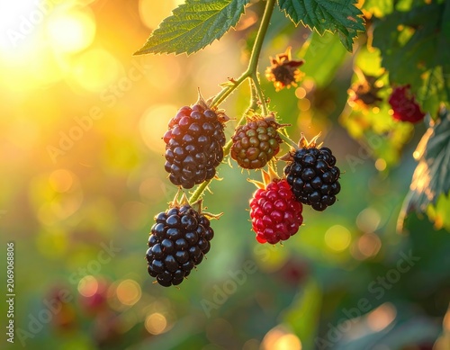 Ripe and unripe berries bask in golden sunset light