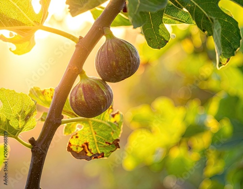 Ripe figs ripen on a branch against a warm, sunlit backdrop