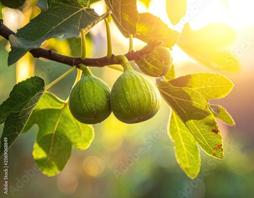 Two green figs hang on a sun-drenched branch with dappled leaves