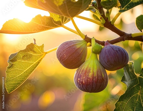 Ripe, purple figs hang from a branch with sunlit leaves and soft bokeh