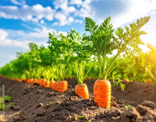 Rows of vibrant orange root vegetables grow in dark soil under a sunny sky
