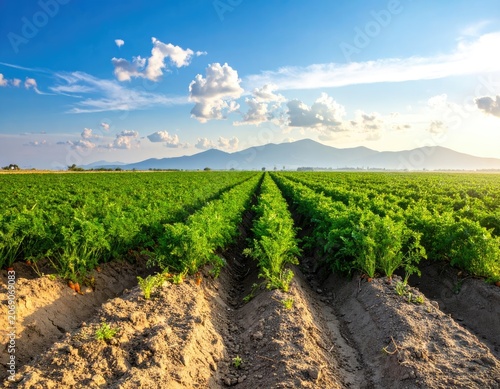 Vast green rows of crops stretch towards distant mountains under a blue sky