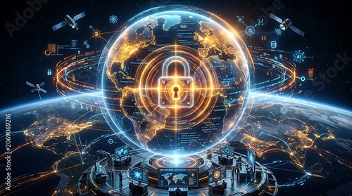 Global cybersecurity network concept with glowing padlock and earth globe surrounded by data streams and satellites in a futuristic control center.
