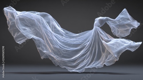 Flowing sheer fabric rendered as a delicate wireframe structure against a dark background