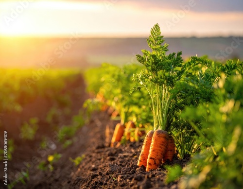 Sunlit rows of vibrant orange roots with green tops in a fertile field
