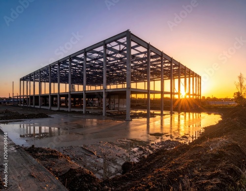 Stark steel skeleton of a large building under construction against a vibrant sunset