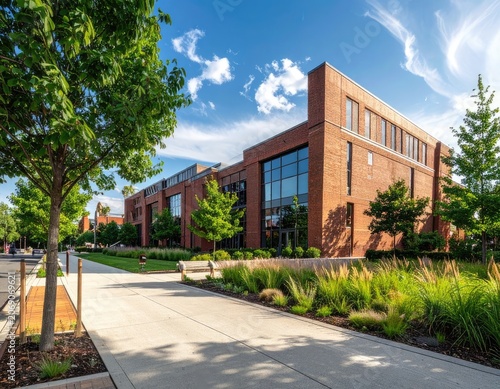 Modern brick building with lush landscaping under a bright blue sky