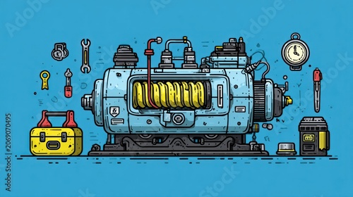 Detailed schematic illustration depicts complex machinery surrounded by various maintenance instruments against a solid blue background.