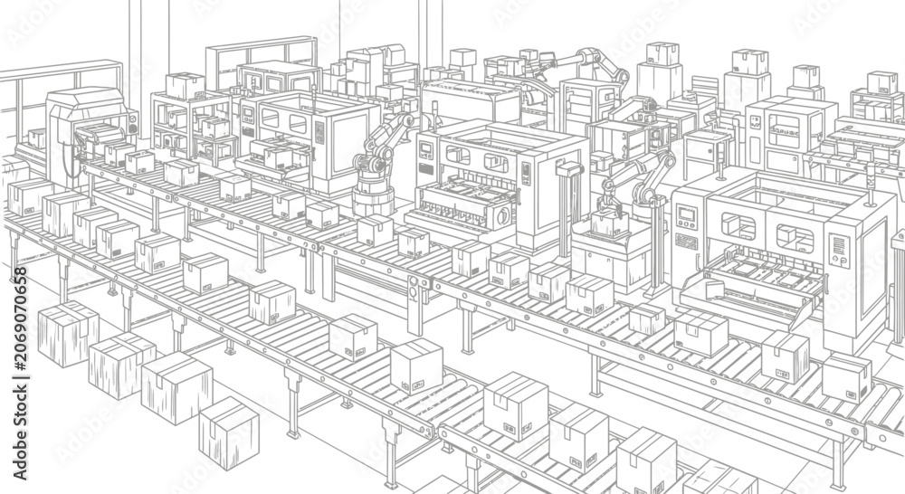 Obraz premium Automated Manufacturing Factory Floor Line Art