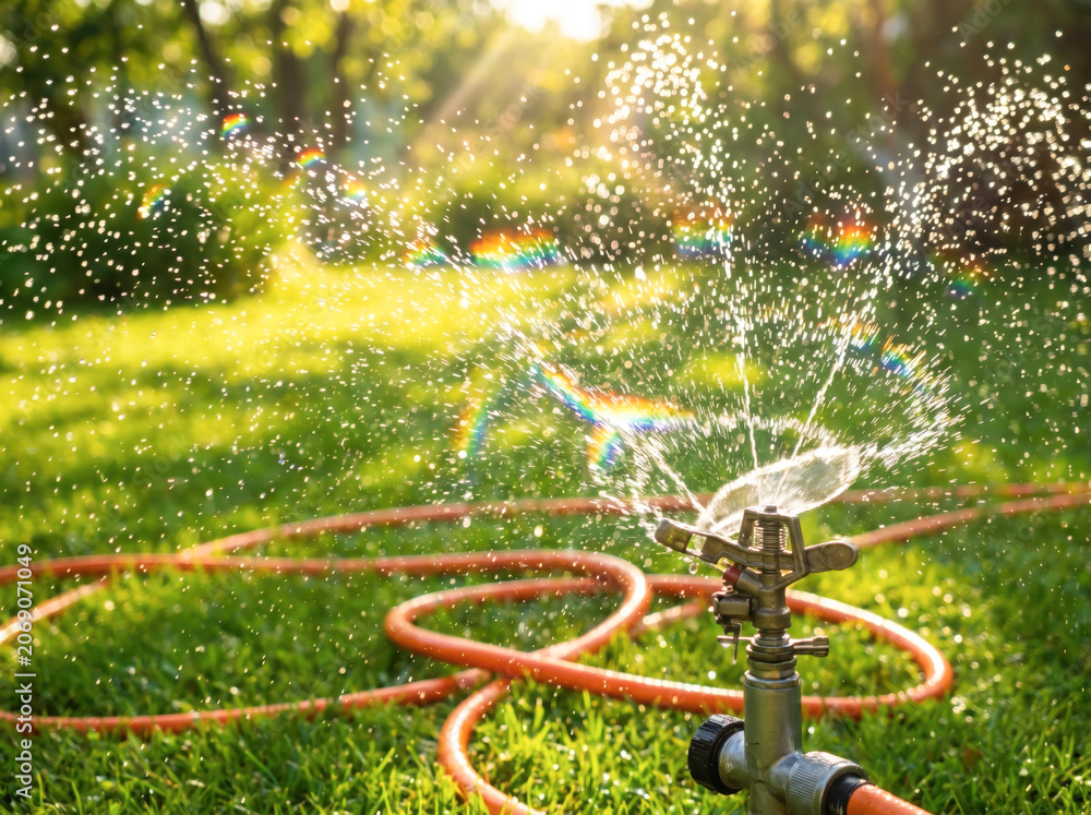 Naklejka premium Sprinkler Watering Lush Garden Under Sunlight