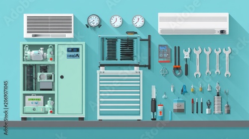 Climate control machinery and maintenance instruments displayed in a workshop setting