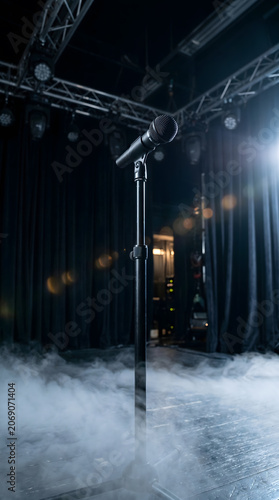 Empty Microphone on Stage with Smoke and Dramatic Lighting.