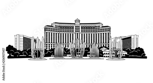 Photography Black and White Bellagio Hotel Las Vegas Landmark Illustration